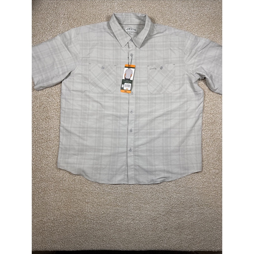 NWT Orvis Shirt Mens XXL Short Sleeve Tech Button Up Twin Pockets Gray Plaid